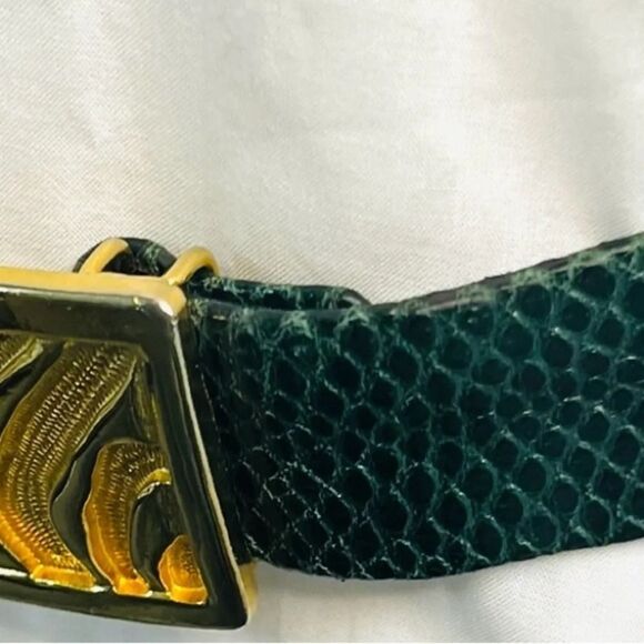 Vintage snake skin belt green and gold brass small high waist clip loop - Picture 4 of 11